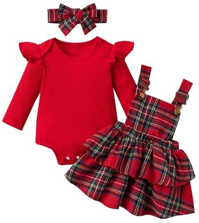 LUVCES Bébé Filles Automne Hiver Jupes Ensembles Volants Manches Longues Barboteuse Haut +Jupe À Carreaux Salopette Robe À Bretelles Vêtements Tenues 3pcs Rouge Plaid 12-18 Mois
