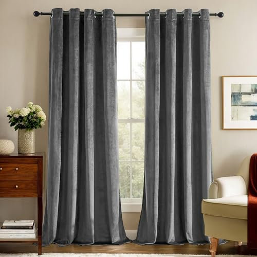 Deconovo Gardinen Samt Velvet Curtains Samtvorhang Blickdichte Vorhänge Samtvorhänge Blickdicht Gardine Schlafzimmer Vorhang Wärmeisolierende, 175x140 cm(HöhexBreite), Dunkelgrau, 2er Set