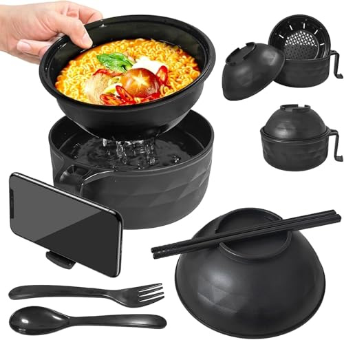 Ensemble de bols à ramen pour micro-ondes - Bol à nouilles avec baguettes - Passe au micro-ondes - Bol à ramen - Bol de cuisson à micro-ondes - Bol de cuisson à ramen avec couvercle (noir)