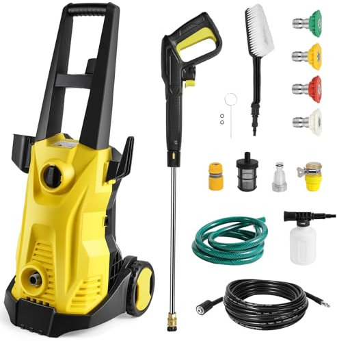 Nettoyeur Haute Pression 1500W 120Bar, Débit 6L/Min avec 4 Buses, Pistolet D Pro et Tuyau de 10m pour au Nettoyage de Voitures, Terrasses et Jardins