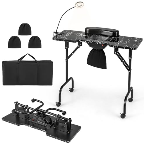 RELAX4LIFE Tavolo Pieghevole per Manicure con Ruota, Scrivania Portatile per Tecnici delle Unghie con Aspiratore, Lampada LED Flessibile, Poggiapolso e Borsa da Trasporto (Nero)