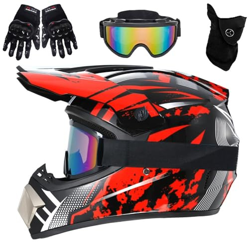 HNGKGJBL 9-14 Years Old Youth Kids Dirt Bike Motocross Helmets with Goggles Gloves Face Mask, 4PCS Set, Boys Girls Mountain Bike Off Road Helmets, DOT Approved(Red Storm,XL (58-59cm))