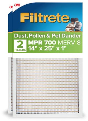 Filtrete 14x25x1 AC Furnace Air Filter, MPR 700, MERV 8, Tough on Pollen, Easy on Airflow, 3-Month Pleated 1-Inch Electrostatic Air Cleaning Filter, 2-Pack (Actual Size 13.81 x 24.81 x 0.81 in)