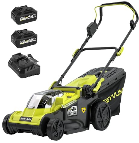 SEYVUM Tondeuse à gazon sans fil 40 V 40,6 cm avec sac de collecte d'herbe de 45 L, tondeuse à gazon électrique à 6 positions de réglage de la hauteur, tondeuse à gazon poussée 20 V 4,0 Ah, chargeur