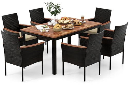TANGZON 7PCS Rattan Garden Dining Set with Acacia Wood Table