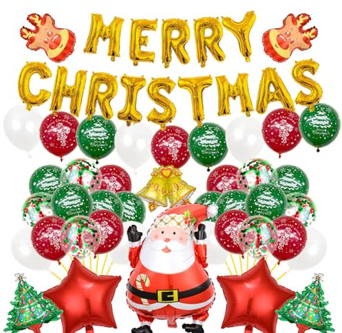 Ensemble de Ballons de Noël Merry Christmas Bannière en Aluminium Ballon Helium Père Noël Renne Ballons en Latex Rouges et Verts Foil Ballon