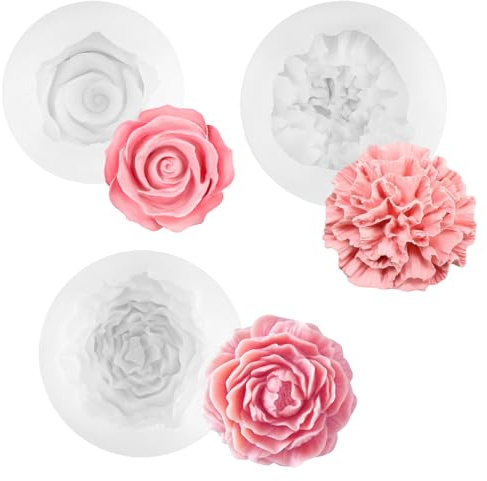 Vylro 3 Stück Kerzen Kerzenformen zum Gießen Blumen 3D, Silikonformen | Silikonformen für Pfingstrosen, Kerzen Formen Silikon Rosen Nelke Pfingstrose, Kerzenform Blumen 3D Silikonform für Kuchen