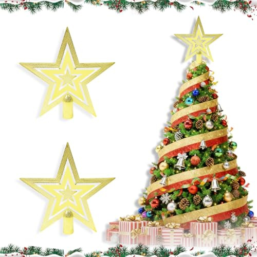 2 mini puntali per albero di Natale, 10 cm, mini decorazioni natalizie glitterate dorate, piccole decorazioni per albero di Natale, decorazione per albero di Natale