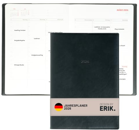 Grupo Erik Kalender 2026 bokkalender Möteskalender A4-planerare – affärskalender svart 21 x 29,7 cm – årskalender bok möteskalender 2026 A4 på tyska