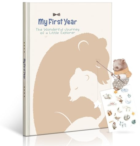 My First Year Baby Erinnerungsbuch - A4 Tagebuch & Erinnerungsalbum mit bezauberndem Bären-Thema, inklusive 16 Aufklebern, geeignet für Geburt, Taufe & Babyparty