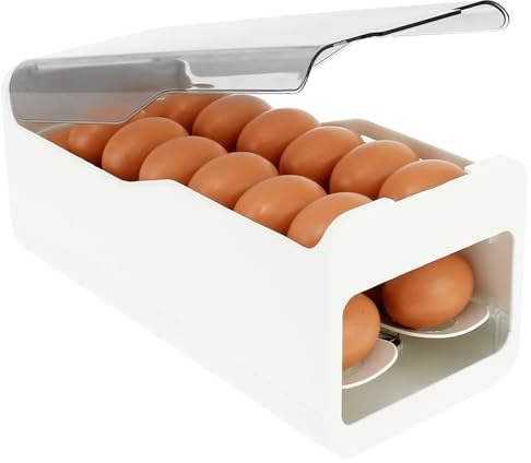 Eier Aufbewahrung Kühlschrank Doppellagig mit Zeitskala Transparent Eierhalter Organizer mit Rutschfeste Unterseite Platzsparend Feder Automatisch Rollen Eierbehälter für 28 Gleichzeitig (Weiß)