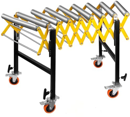 24'' Wide Heavy Duty Roller Stands, 1300LBS Adjustable Conveyor Roller wiht Wheels, Height 30''-50'', Length 24''-52'', Roller Conveyor Belt Infeed/Outfeed Support for Table Saws & Planers