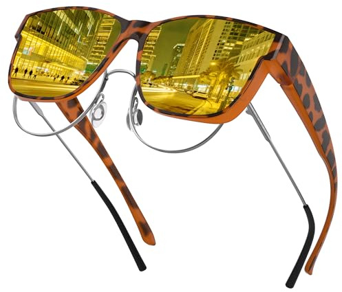 XVXV Night Vision Glasses Fit Over Glasses for Men Women - Polarized Anti Glare HD Yellow Lens Night Driving(MATTE LEOPARD/YELLOW)