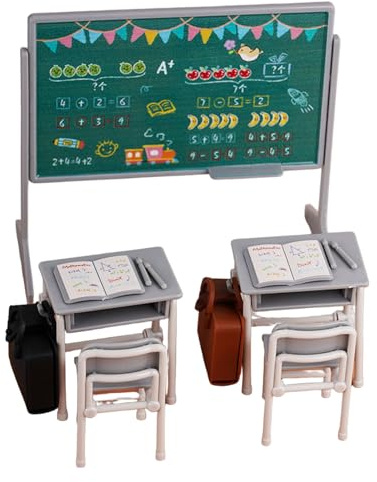 TOYANDONA 1 Set Miniatur Klassenzimmer Spielset- 1:12 Maßstab Mini Puppenmöbelmodelle mit Schultafel, Stuhl, Schreibtisch, Buch, Schultasche - Realistisches Puppenzubehör für Puppenhaus (grau