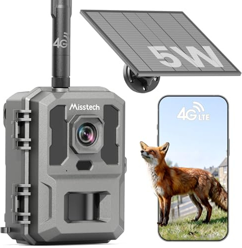 Misstech 4G LTE Cellular Trail Camera for Wild&Farm, 0.1s Motion-Activated | 2K Live View, Clear Video & Photo Download, No Glow 940nm Infrared Night Vision, 5W Solar Panel, App Alert, No WiFi, IP66