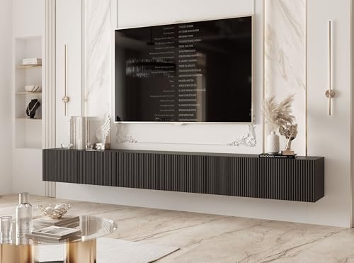 IDOHOME TV Lowboard hängend mit LED und 6 Fächern 300 cm Schwarz Matt | 300 x 40 x 36 cm, Laminierte Platte, Mehr Stauraum, Push to Open, TV Zubehör, LED Beleuchtung