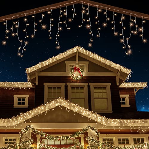 ANSIO® Lichterkette Außen Eisregen 17.4m 500 LED Eiszapfen Lichterkette Außen Lichtketten Strom Für Weihnachten, Balkon, Weihnachtsdekoration | Warmweiß Weihnachtsbeleuchtung | Klar Kabel