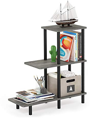 Furinno TURN-N-TUBE Side Table, 3-Tier Tall L-Shape End Table with Open Shelf, Tall Toolless Night Stand, Bedside Table, for Living Room, Bedroom, French Oak