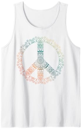 Neutral Boho Yoga Ornate Mandala Peace Sign Hippie Tank Top Small