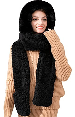 keyaway Winterschal Mütze Damen 3 in 1 Warm Schal mit Kapuze Taschen Earflap Handschuhe warme Mütze für Frauen, Schwarz Einheitsgröße