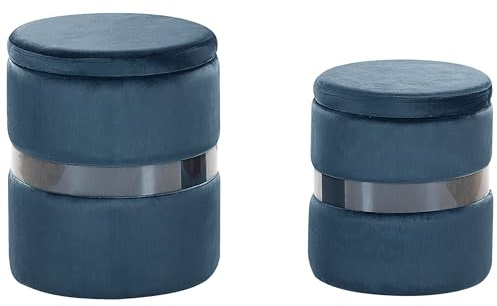 Beliani Pouf mit Stauraum rund Samt blau Metall 2er Set Sitzhocker Glamour Look Doris