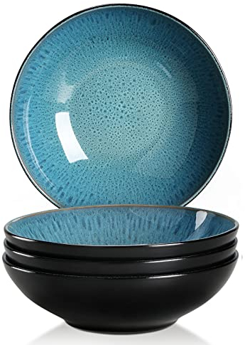vancasso Bubble Stoneware Wide and Deep Pasta Bowl Set, 4-Piece Reactive Glaze Green Soup Plate, 8.2in Soup Bowl Large Bowl. 950ml/32oz