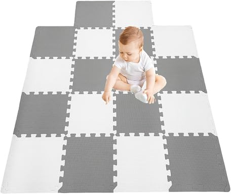 18 Pieces Foam Play Mat, Interlocking Playmat Tiles, Foam Floor Mat Tiles, Puzzle Play Mats, Exercise Gym Mats – Color of Gray & White with Border