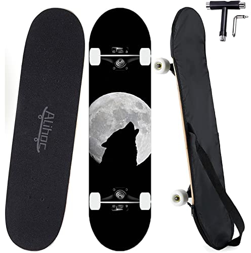 31-Zoll-Standard-Skateboard, 7 Lagen Ahorn-Board-Oberfläche, geeignet für Kinder, Jugendliche, Erwachsene, Anfänger und Profis, mit Einer maximalen Belastung von 150 kg-Nachtwolfskopf