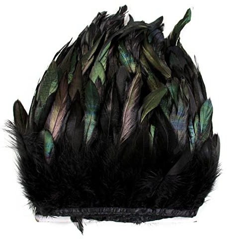 Raibertin Coque Hahn Hackel Feder Fransen Trim für Kostüm Handwerk Kleid Dekoration Schlappen Feder Trim Band DIY Cape Schal Rock Halloween Karneval Kleidung Nähen Dekor (Schwarz)