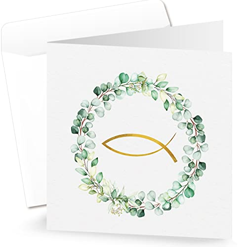 Logbuch-Verlag 10 nattvardsgång dop fisk inbjudningskort tackkort neutrala kort vitt guld grön med kuvert 15 x 15 cm