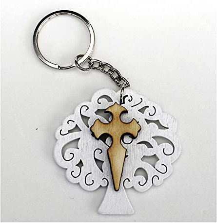 DLM Bomboniere DLM32312 (Kit 12 Pezzi) Portachiavi Ciondolo in Legno Albero della Vita e Crocifisso Croce Crocetta Confettata bomboniera Regalo