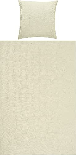 REDBEST Bettwäsche, Bettgarnitur Seersucker Uni Detroit Creme Größe 80x80 cm / 135x200 cm - weich, schnell trocknend, bügelfrei, mit Reißverschluss