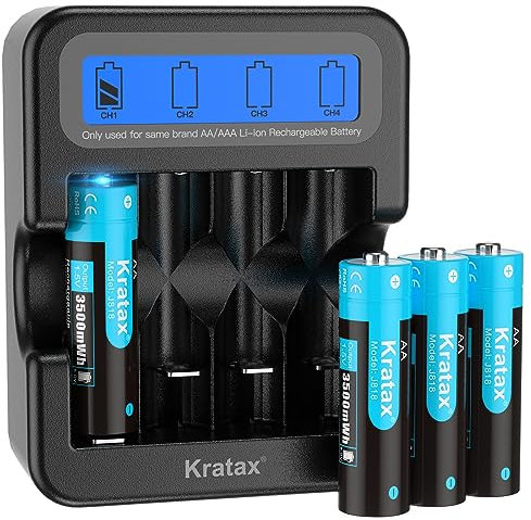 Kratax AA Rechargeable 1.5V Lithium Battery，4 Pack Li-ion AA Batteries with LCD Charger，3500mWh High Capacity，3A High Current Output，1.5V Constant Output，1600Cycles Long Lasting,Home&Office Use