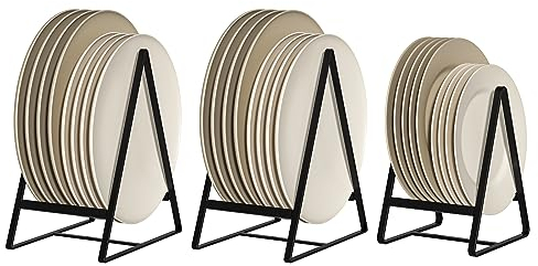 Hikinlichi 2 Large 1 Small Triangle Plate Holders Organisers Upright Cabinet Dish Drying Racks Metal Plate Dish Organisers Racks Stands for Countertop and Cupboard Black