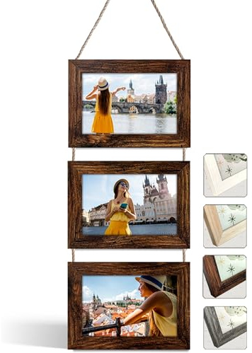 NEOWS Fotorahmen für Mehrere Fotos Querformat für 3 Bilder 10x15 cm Walnuss | Bilderrahmen Collage | Bilderrahmen Mehrere Bilder | Wanddeko Bilderrahmenset zum Aufhängen | Mehrfach Bilderrahmen für Wand