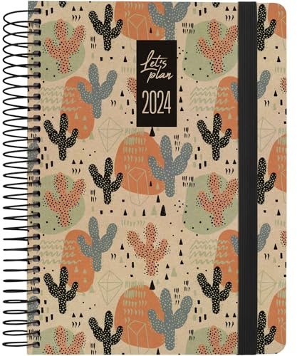 Grafoplás | A5 Jahresplaner 2024 | 15 x 21 cm | Spanisch | Tag Seite | Modell Design Cactus | Serie Nature | Hardcover | Einband aus Kraftpapier und 100% recyceltem Karton, elastischer Verschluss |