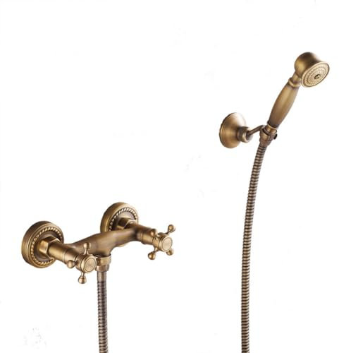 Rubinetto Vasca Da Bagno - Antico Ottone Doppia Leva Parete Miscelatore Vasca Da Bagno Doccia, Con Doccetta