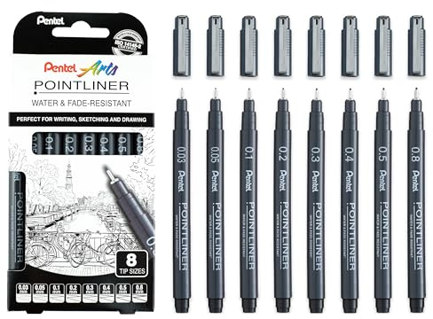 Pentel Pointliner Pigment Liner teknisk ritning fineliner penna S20P - 0,03 mm, 0,05 mm, 0,1 mm, 0,2 mm, 0,3 mm, 0,4 mm, 0,5 mm, 0,8 mm - svart bläck - 8-pack
