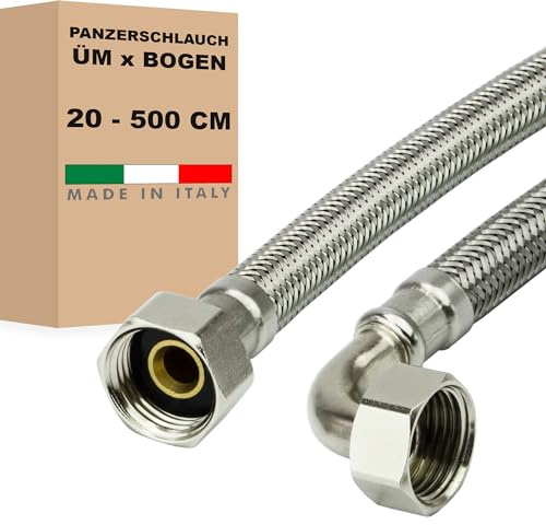 AWM Edelstahl Flexschlauch (DN8) 1/2 Zoll Panzerschlauch Anschlußschlauch Sanitär Hauswasserwerk Amaturen (1/2“ ÜM x 1/2“ BOGEN, 200 cm)