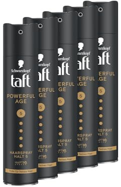 Schwarzkopf Taft Haarspray Powerful Age (5x 250 ml), Haltegrad 5 Haarstyling, Haarspray für feines und dünner werdendes Haar, Fülle für feines Haar, Vegane Formel*