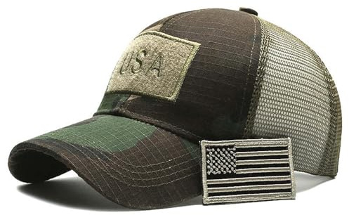 WUODHTW USA Flag Hat Camo Mesh Pesca Caps Uomini Donne Cappello Da Baseball Tattico Operatore Esercito Militare Cappello Da Sole Tiro Caccia, Verde scuro, Taglia unica