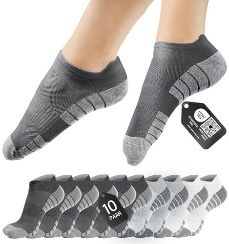 HELDENWERK sneakerstrumpor för kvinnor och män, 10 par – korta sportstrumpor med andningsbar bomull – unisex löparstrumpor set, 6 x svart/grå, 2 x grå, 2 x vit, 43-46 EU