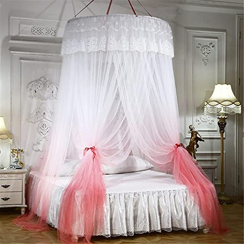 Moskitonetz für Zuhause mit Lichterketten, Kuppel-Moskitonetze, Betthimmel für Doppel- und Einzelbett, Moskitonetz, Bettzelt, Schlafzimmerdekoration, dreitürige Farbverlauf-Rosa-Rot