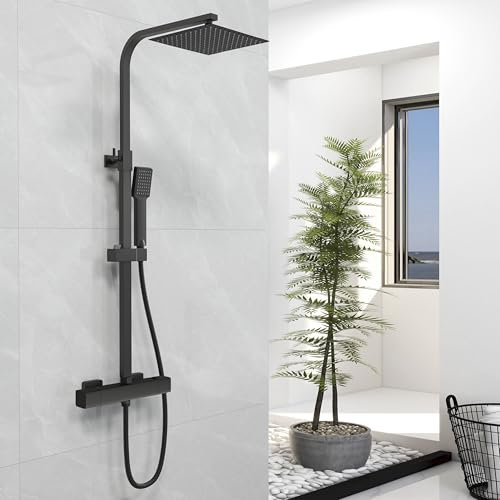 Biubiubath Thermostatic Mixer Shower Set, Anti-Scald Exposed Thermostatic Shower Valve,Height Adjustable Shower Mixer Set,Square Handheld & 10 inches (250mm) Overhead Rainfall Shower,Matt Black