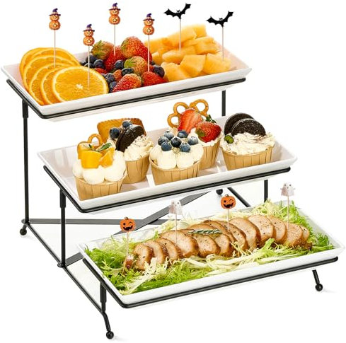 Mfacoy 3 Tier Serving Tray Set, 12 Tiered Serving Trays Platters, Reusable Serving Tray for Party, Collapsible Sturdier Stand with Stable Cross Bars, Serving Platters for Veggie, Fruit, Dessert