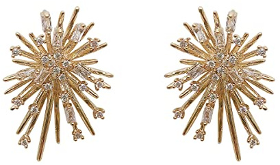 Pendientes de tuerca de metal dorado con diseño de fuegos artificiales para mujer, aretes grandes, 0, Metal, Sin gemas
