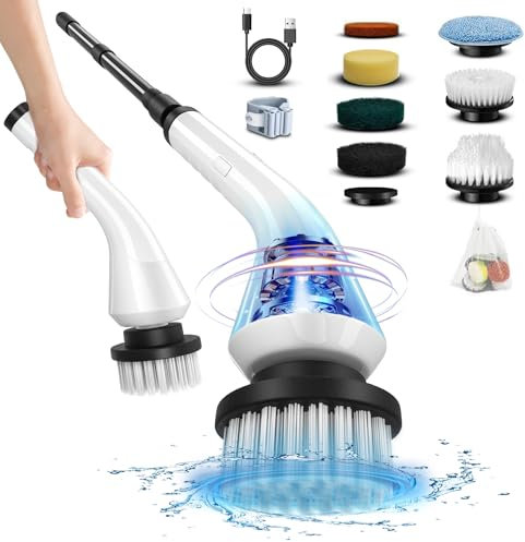 SAMINRA Electric Spin Scrubber, Electric scrubber with 8 Replaceable Brush Heads & Detachable Extension Handle, Power spin scrubber cordless for Cleaning Bathroom Bathtub Kitchen Tile Floor