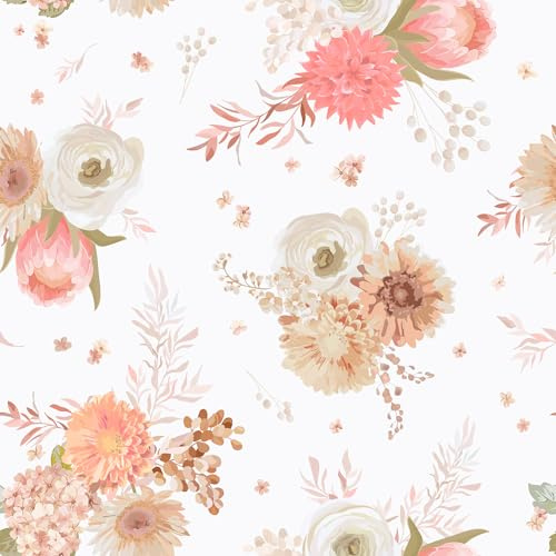 VEELIKE Papier Peint Fleur Doux Pêche Papier Peint Floral Papiers Peints Fleuri Rose Dahlia 44,5 cm x 300 cm Papiers Peints Adhesif Mural Adhesif pour Meuble Chambre Fille Salle de Bain Amovible