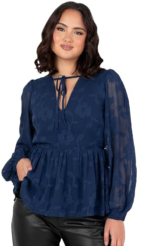 Lovedrobe Women's Floral Top Ladies Blouse Long Balloon Sleeve V-Neckline Peplum Chiffon Tie Front Smart Casual Office Wear, Bleu Marine 52