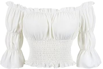 IMEKIS Women Renaissance Medieval Shirt Off Shoulder Pirate Blouse Halloween Costume Short Puff Sleeve Solid Color Smocked Waist Cropped Top White L